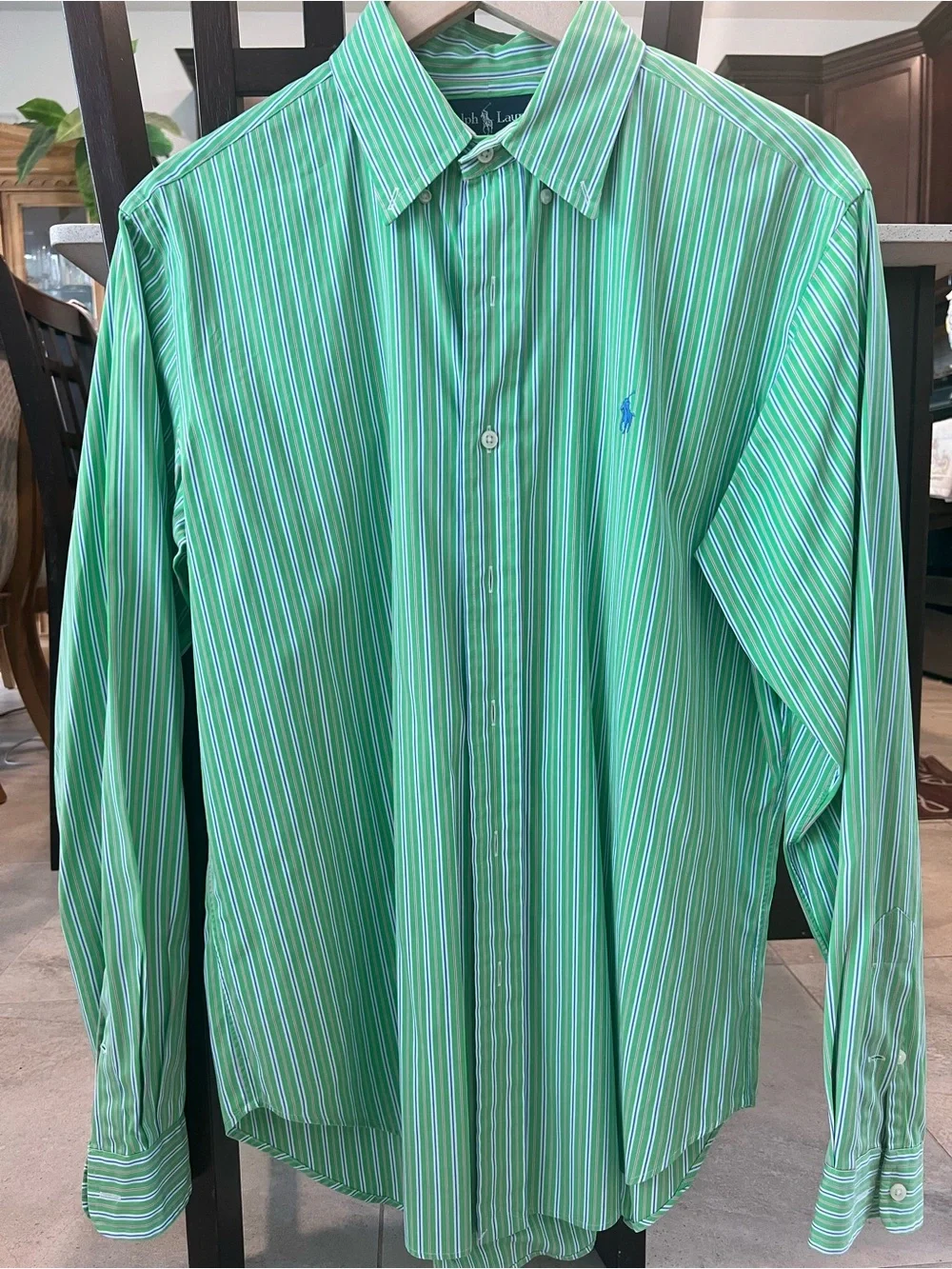 Ralph Lauren Classic Fit Striped Shirt Green Blue Stripe Medium Men's Button Up